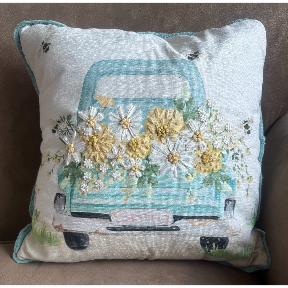 Cottage Chic Decorative Pillow Country Blue Truck Yellow White Flowers Spring